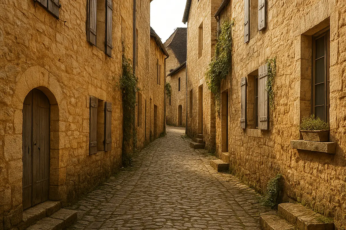 Ruelle médiévale en pierre dans une petite ville du Lot
